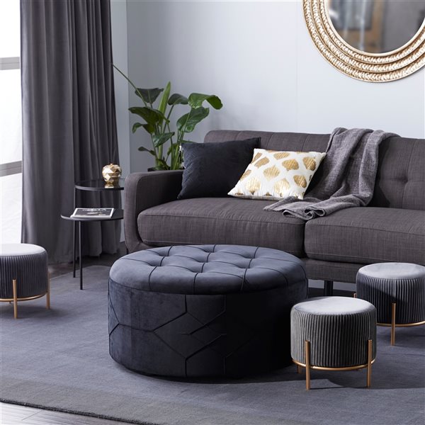 Grayson Lane Glam Grey Velvet Round Ottomans - Set of 4