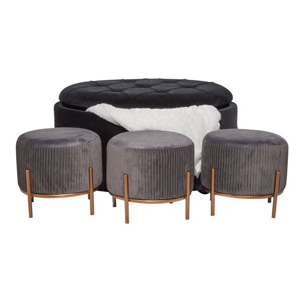 Grayson Lane Glam Grey Velvet Round Ottomans - Set of 4