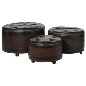 Grayson Lane Rustic Brown Faux Leather Round Ottomans - Set of 3