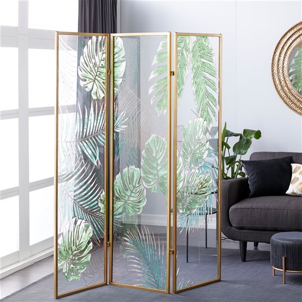 Grayson Lane 3-Panel Green and Gold Folding Contemporary/Modern Room Divider