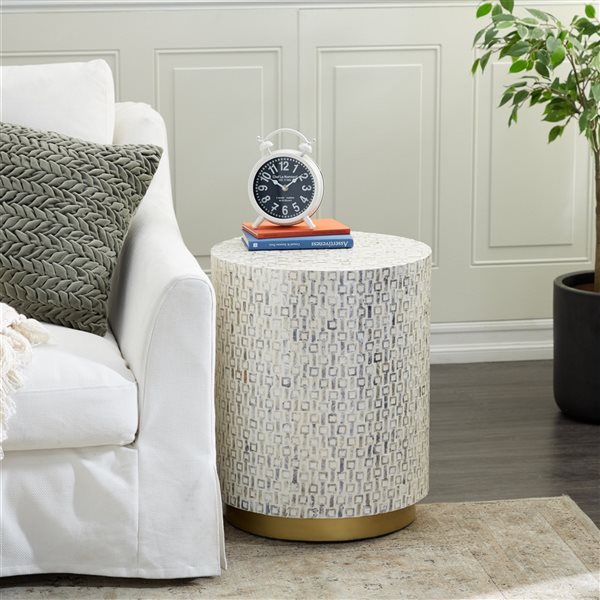 Grayson Lane Modern White Shells Pattern Round Ottoman
