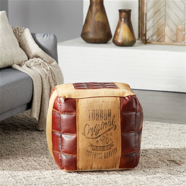 Grayson Lane Rustic Brown Faux Leather and Canvas Square Ottoman