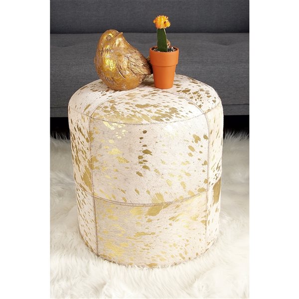 Grayson Lane Glam Gold Genuine Leather Round Ottoman