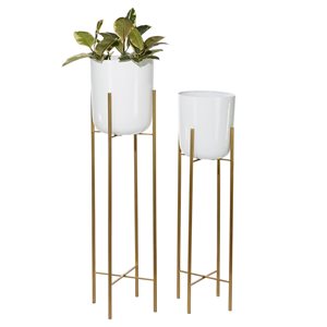 CosmoLiving by Cosmopolitan 13-in W x 46-in H Contemporary White Metal Round Planters with Tall Gold Stands - Set of 2