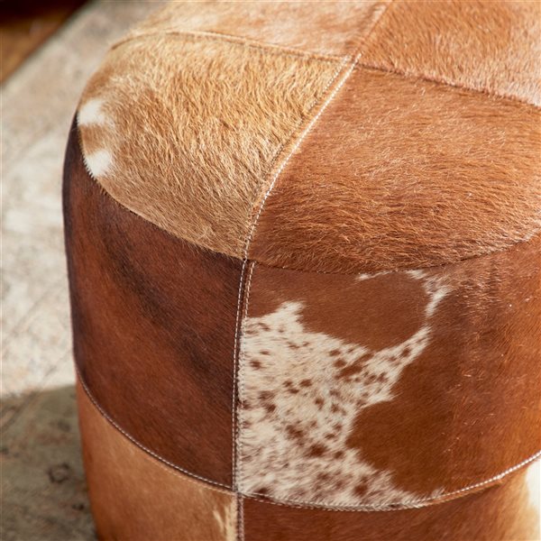 Grayson Lane Farmhouse Brown Genuine Leather Patchwork Round Ottoman