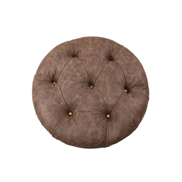 Grayson Lane Rustic Brown Faux Leather Round Integrated Storage Ottoman with Textured Base