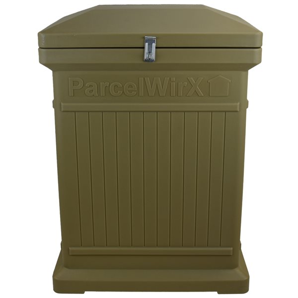 RTS Home Accents ParcelWirx Vertical Plastic Oak Lockable Package Delivery Box with Hinged Lid