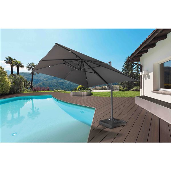 Parasol de patio carré à manivelle et base en polyester gris Velago Gandia, 10 pi