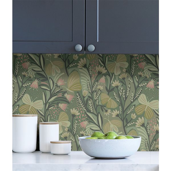 Pip & Lo Papillon Flutter 30.75-sq. ft. Green Vinyl Floral Peel and Stick Wallpaper