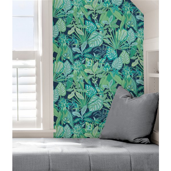 Papier peint autocollant Rain Forest par Vera Bradley en vinyle bleu et  vert à motif floral de 31.3pi² VBS4019