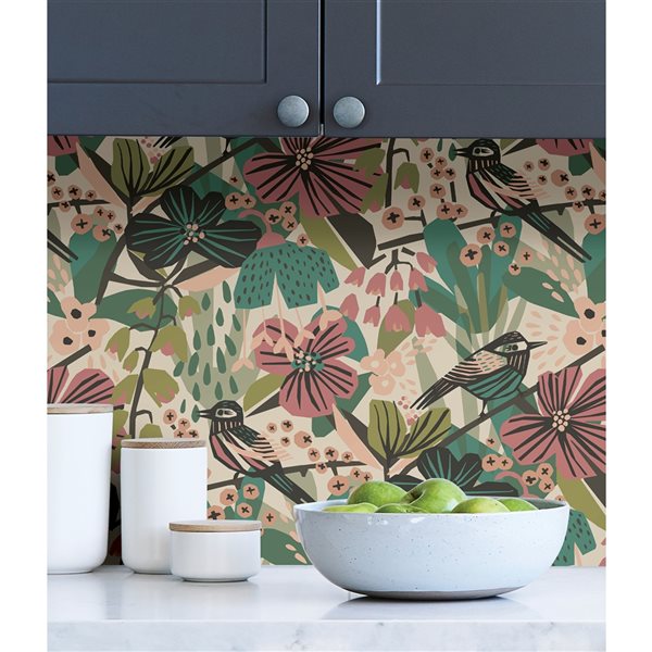 Pip & Lo Jaybird 30.75-sq. ft. Teal and Pink Vinyl Birds Peel and Stick Wallpaper