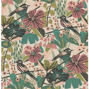 Pip & Lo Jaybird 30.75-sq. ft. Teal and Pink Vinyl Birds Peel and Stick Wallpaper