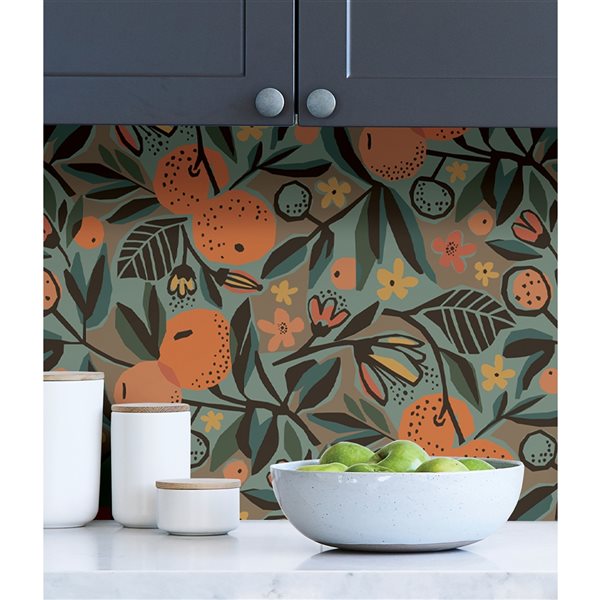 Pip & Lo Clementine Garden 30.75-sq. ft. Teal and Orange Vinyl Peel and Stick Wallpaper