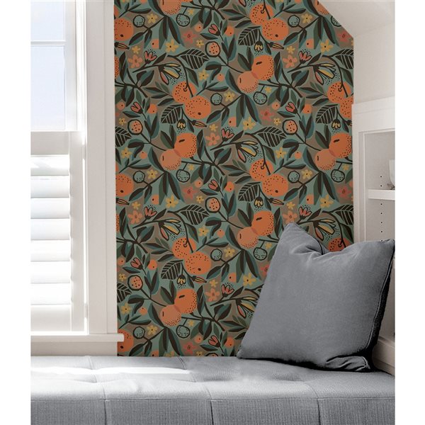 Pip & Lo Clementine Garden 30.75-sq. ft. Teal and Orange Vinyl Peel and Stick Wallpaper