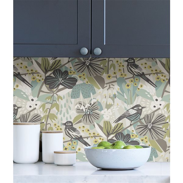 Pip & Lo Jaybird 30.75-sq. ft. Green and Grey Vinyl Birds Peel and Stick Wallpaper