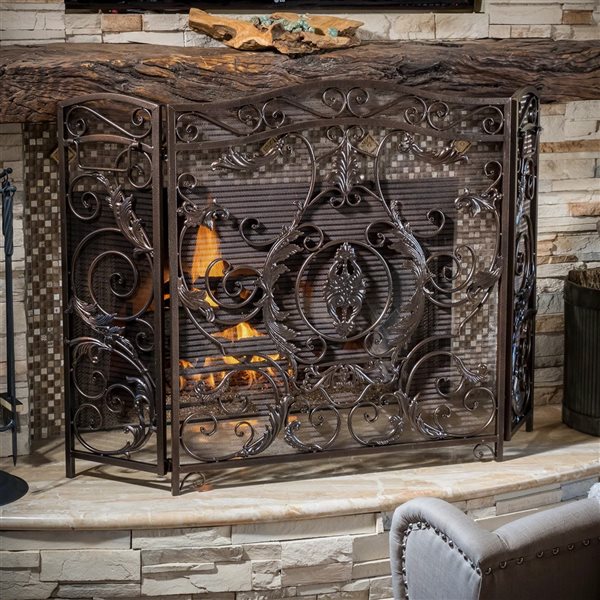 Best Selling Home Decor Waterbury 2-in Gold on Black Iron 3-Panel Arched Fireplace Screen