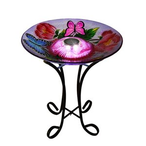 Hi-Line Gift Ltd. 21-in x 18-in Butterflies and Peonies Glass Solar-Powered LED Birdbath with Stand