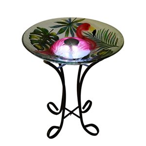 Hi-Line Gift Ltd. 21-in x 18-in Flamingo Glass Solar-Powered LED Birdbath with Stand