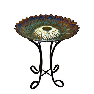 Hi-Line Gift Ltd. 21-in x 18-in Blue Peacock Glass Solar-Powered LED Birdbath with Stand