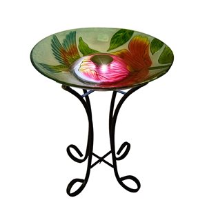 Hi-Line Gift Ltd. 21-in x 18-in Hummingbird and Poppy Glass Solar-Powered LED Birdbath with Stand