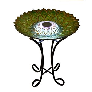 Hi-Line Gift Ltd. 21-in x 18-in Green Peacock Glass Solar-Powered LED Birdbath with Stand