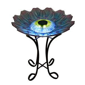 Hi-Line Gift Ltd. 21-in x 18-in Purple Dahlia Glass Solar-Powered LED Birdbath with Stand