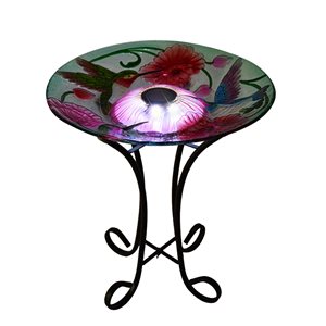 Hi-Line Gift 21-in x 18-in Hummingbird and Poppies Glass Solar-Powered LED Birdbath with Stand