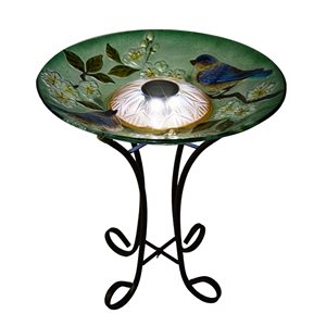 Hi-Line Gift 21-in x 18-in Blue bird and Peach Blossom Glass Solar-Powered LED Birdbath with Stand