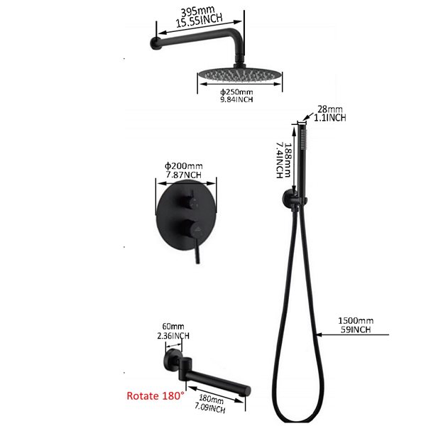 CASAINC Matte Black 3-Function 2-Spray Round Built-In Shower System