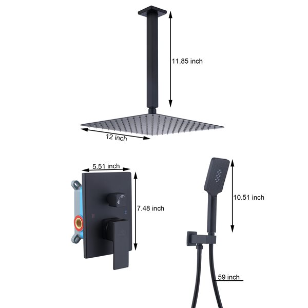 CASAINC Matte Black 2-Function Ceiling Mount Built-In Shower System