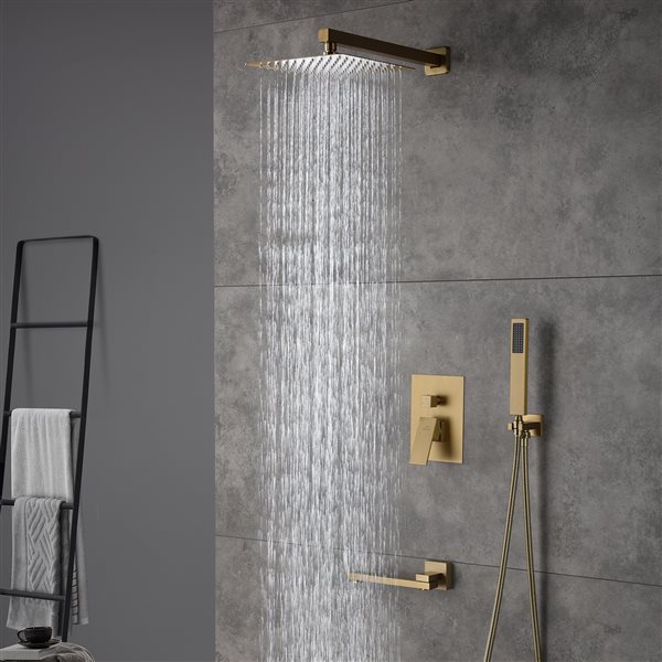 CASAINC Brushed Gold 3-Function Wall Mount Square Built-In Shower System