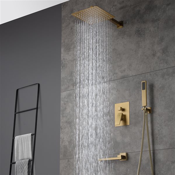 CASAINC Brushed Gold 3-Function Wall Mount Square Built-In Shower System
