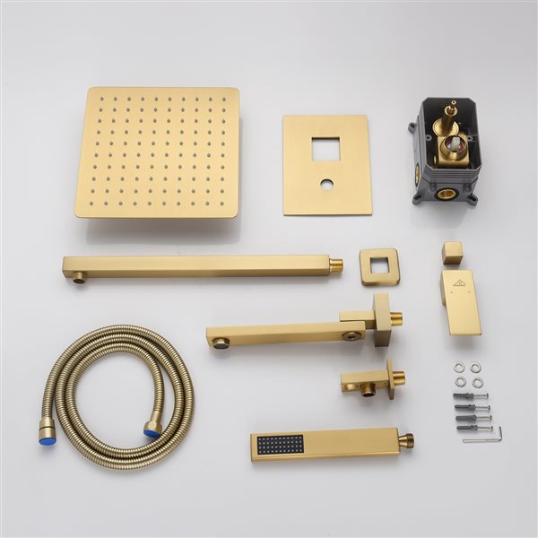 CASAINC Brushed Gold 3-Function Wall Mount Square Built-In Shower System