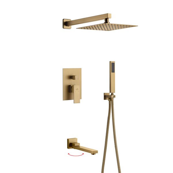 CASAINC Brushed Gold 3-Function Wall Mount Square Built-In Shower System
