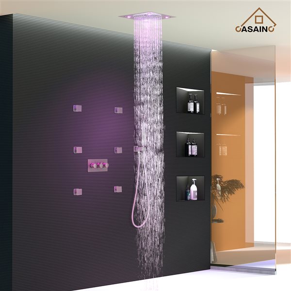 CASAINC Brushed Nickel 6-Spray 3-Function Built-In Shower System with LED Light