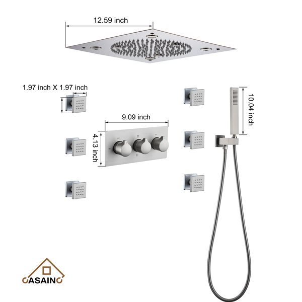 CASAINC Brushed Nickel 6-Spray 3-Function Built-In Shower System with LED Light