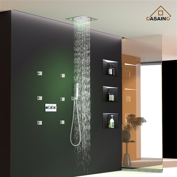 CASAINC Chrome 6-Spray 3-Function Built-In Shower System with LED Light