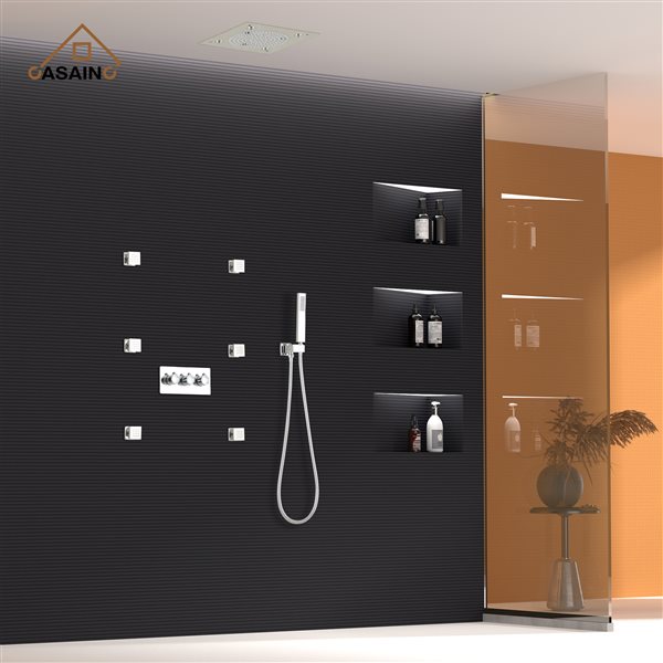 CASAINC Chrome 6-Spray 3-Function Built-In Shower System with LED Light