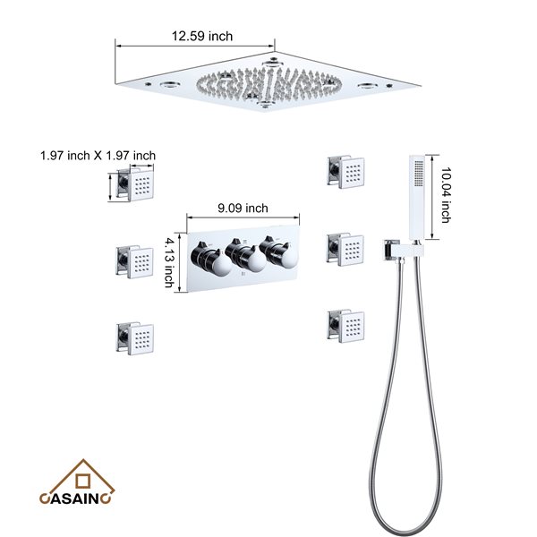 CASAINC Chrome 6-Spray 3-Function Built-In Shower System with LED Light