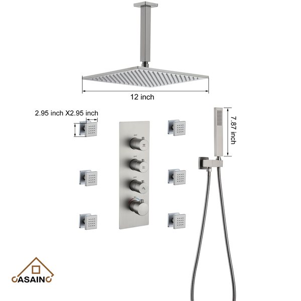 CASAINC Brushed Nickel 12-in 6-Spray Rainfall Built-In Shower System