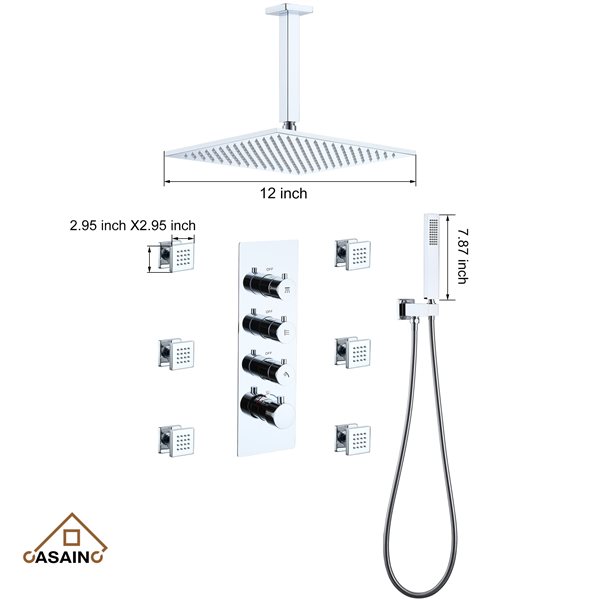 CASAINC Chrome 12-in 6-Spray Rainfall Built-In Shower System