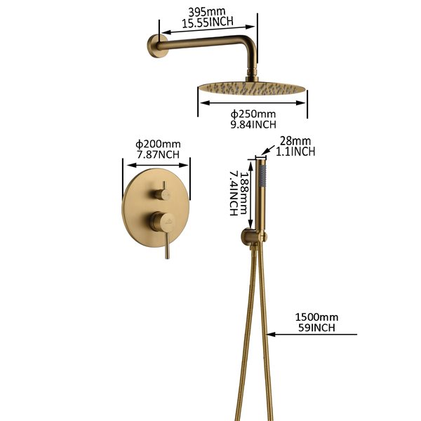 CASAINC Brushed Gold 2-Function 2-Spray Wall Mount Built-In Shower System