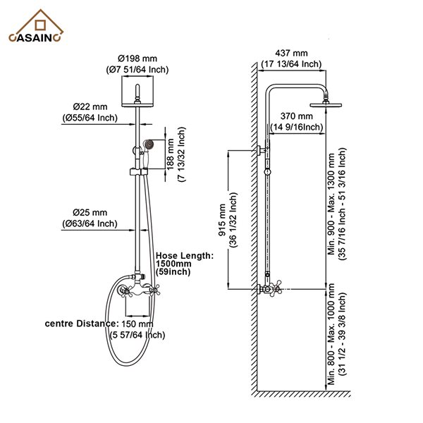CASAINC Matte Black 10-in Rainfall Built-In Shower System