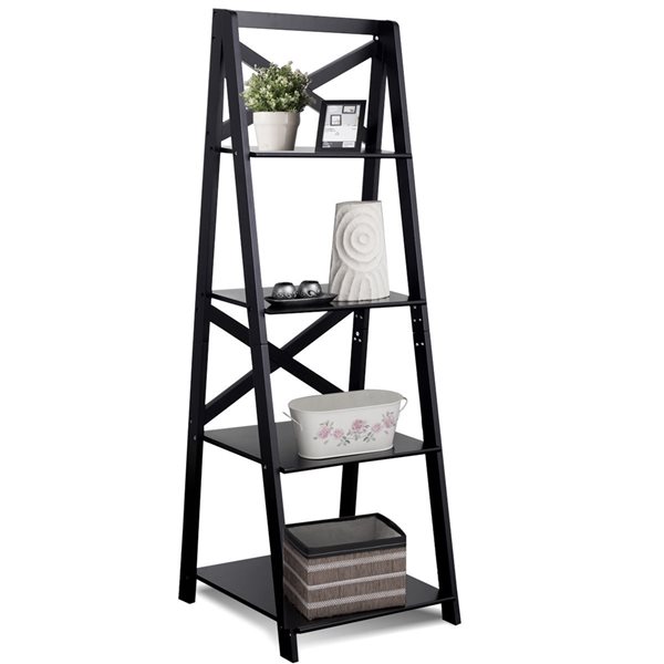 CASAINC Black Wood 4-Shelf Ladder Bookcase