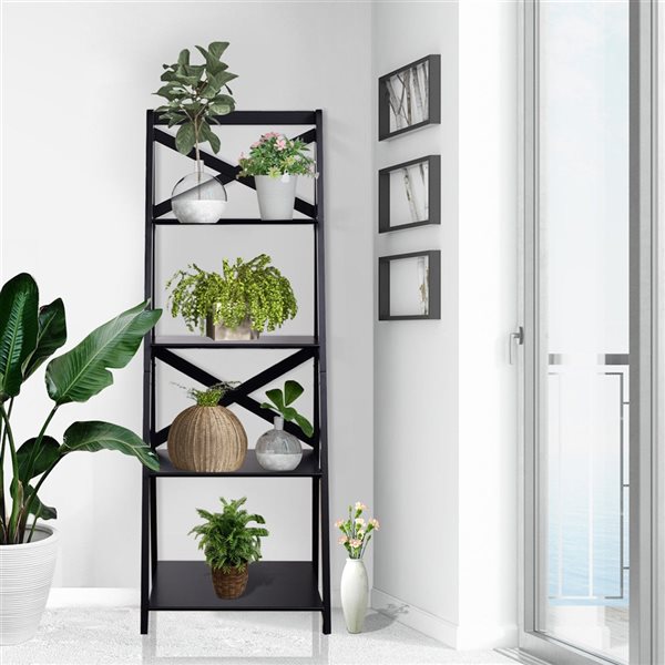CASAINC Black Wood 4-Shelf Ladder Bookcase