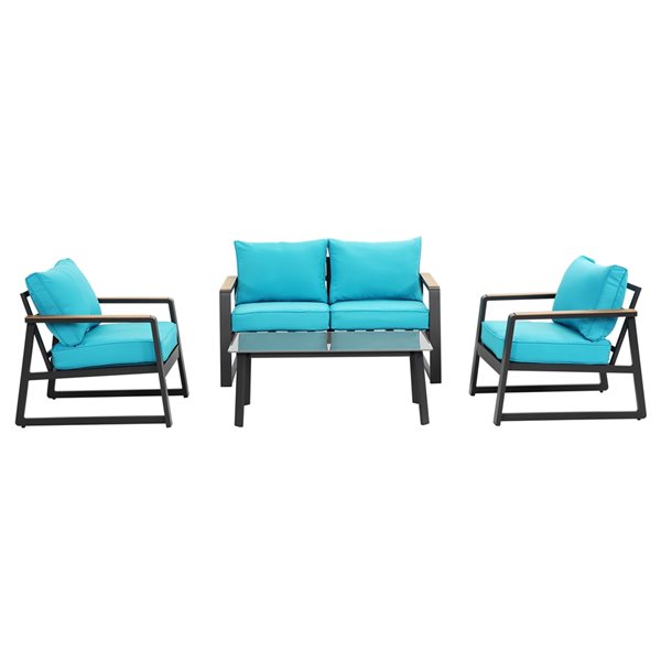 CASAINC 4-Piece Metal Frame Patio Conversation Set with Blue Cushions ...