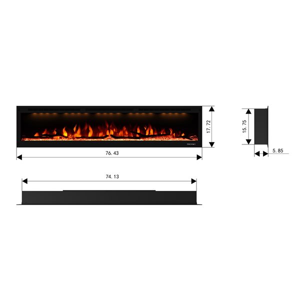 CASAINC 74-in Wall-Mounted and Recessed Electric Fireplace in Black