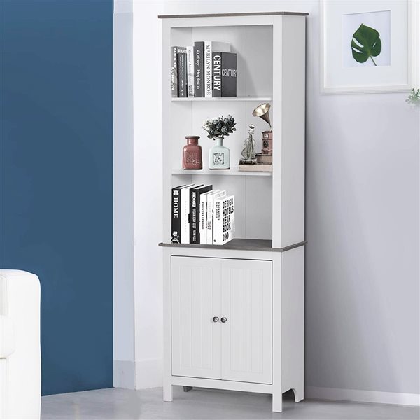 HomCom White MDF 3-Shelf Standard Bookcase with 2 Doors