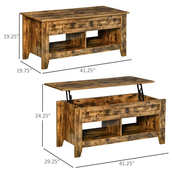 Table d'appoint HomCom en panneaux de particules brun rustique avec plateau relevable et rangement dissimulé