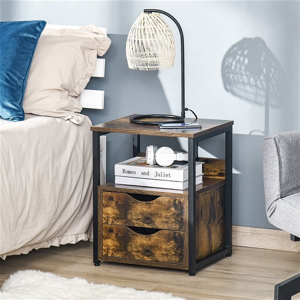 HomCom Brown Wood Rectangular End Table with 2-Drawer and Open Shelf